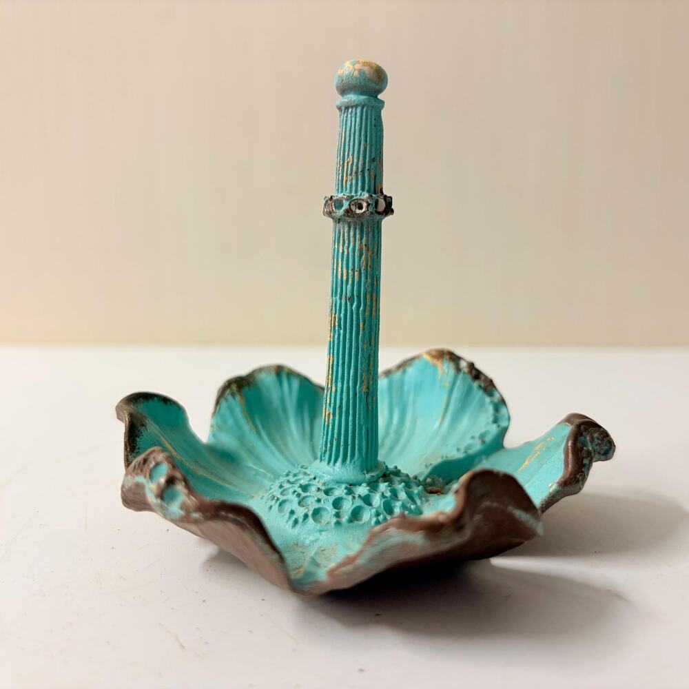 Vintage Metal Flower Ring Holder Dish Turquoise Brown Paint